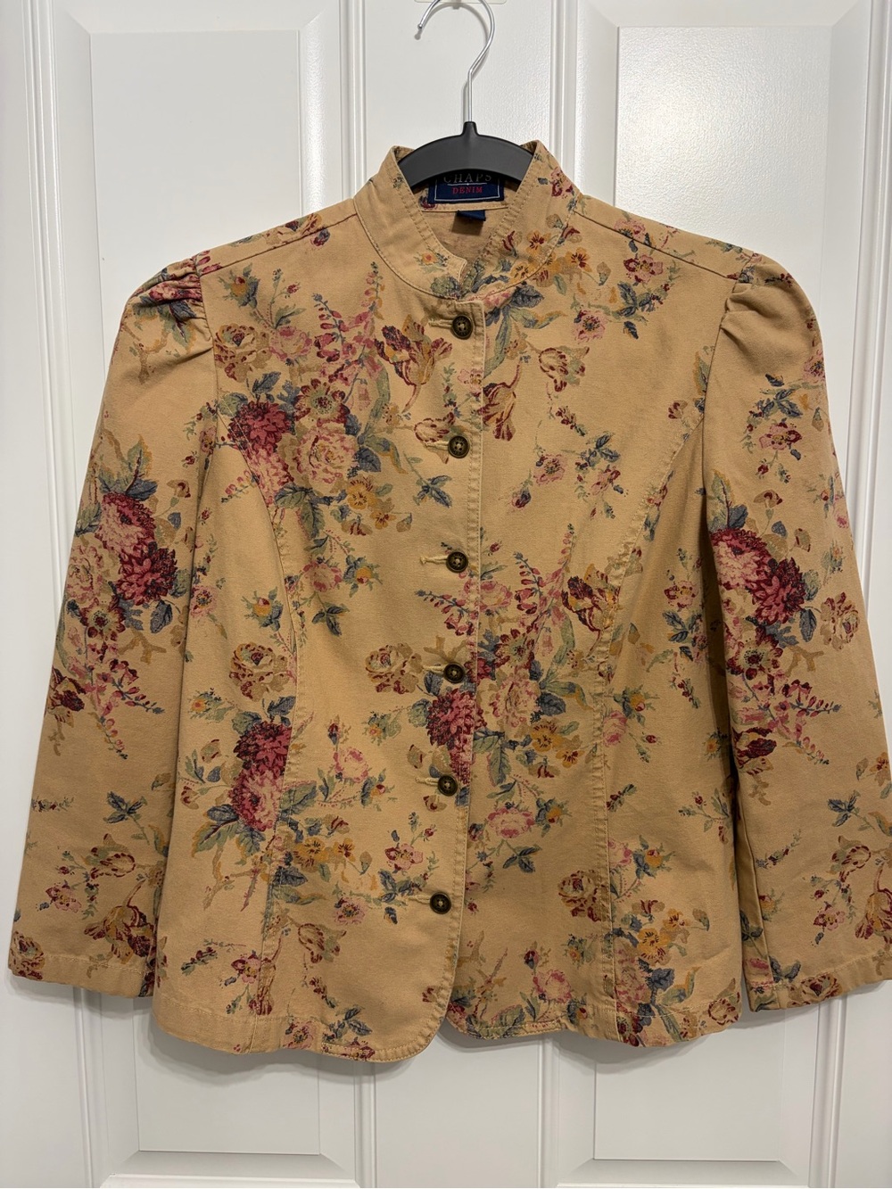 Vtg Chaps Denim Floral Cottagecore Mandarin Collar Jacket - Size Small (S)